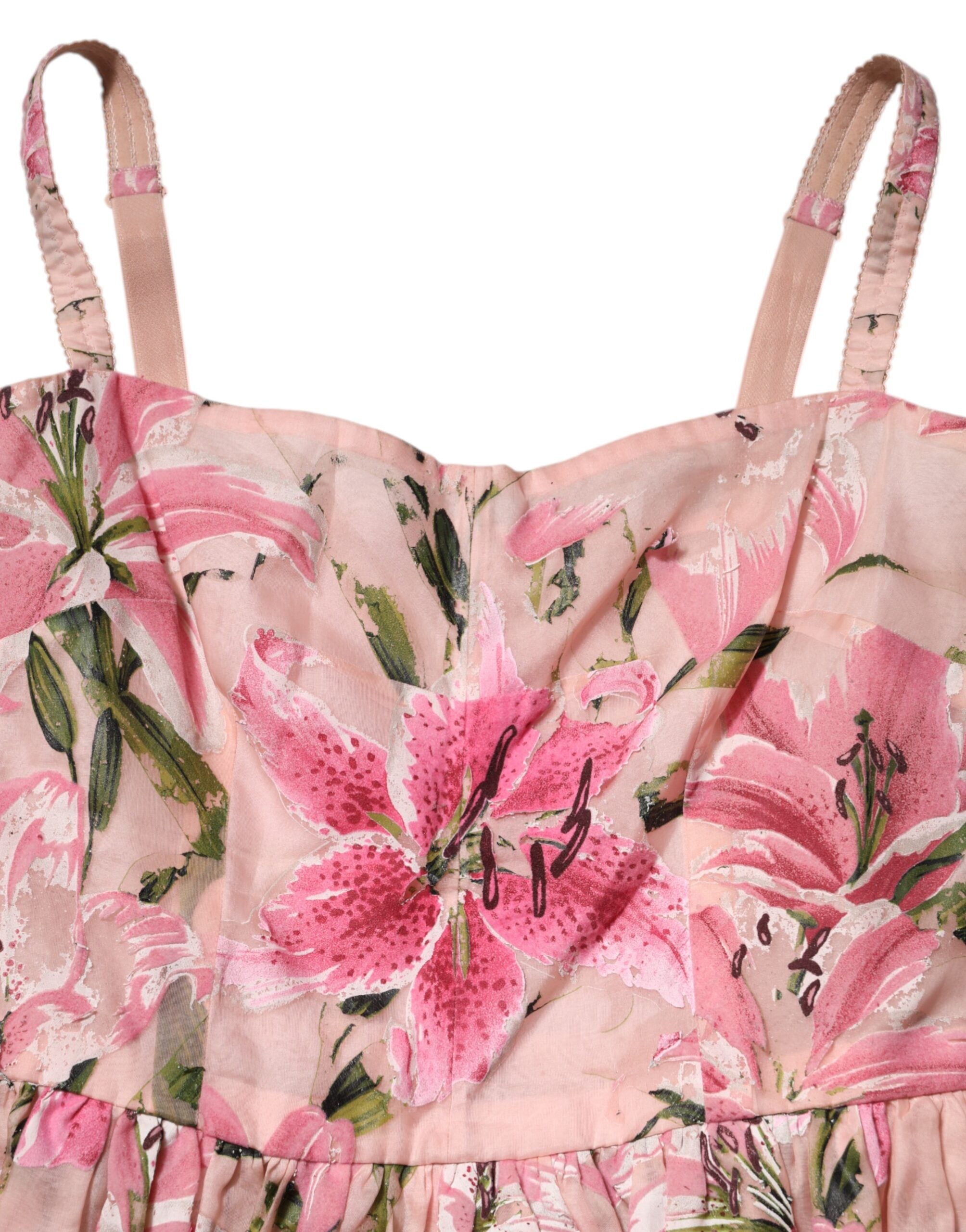 Dolce & Gabbana Pink Cotton Floral Pleated Sleeveless Dress