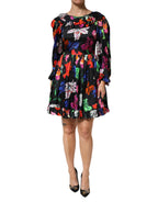 MSGM Dress Black Multicolor Floral Ruffle Long Sleeve Mini Dress