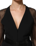 Emporio Armani Black Sheer Sleeve Belted V-Neck Mini Dress
