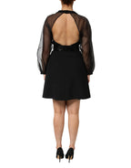 Emporio Armani Black Sheer Sleeve Belted V-Neck Mini Dress