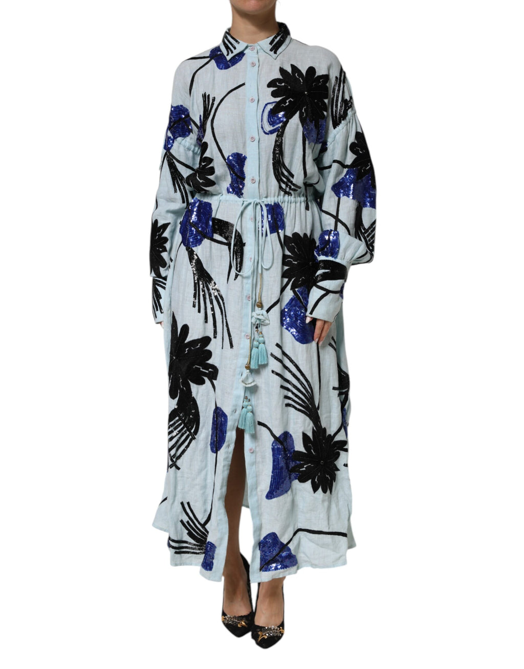 Christian Pellizzari Blue Sequin Embellished Shirt Maxi Dress