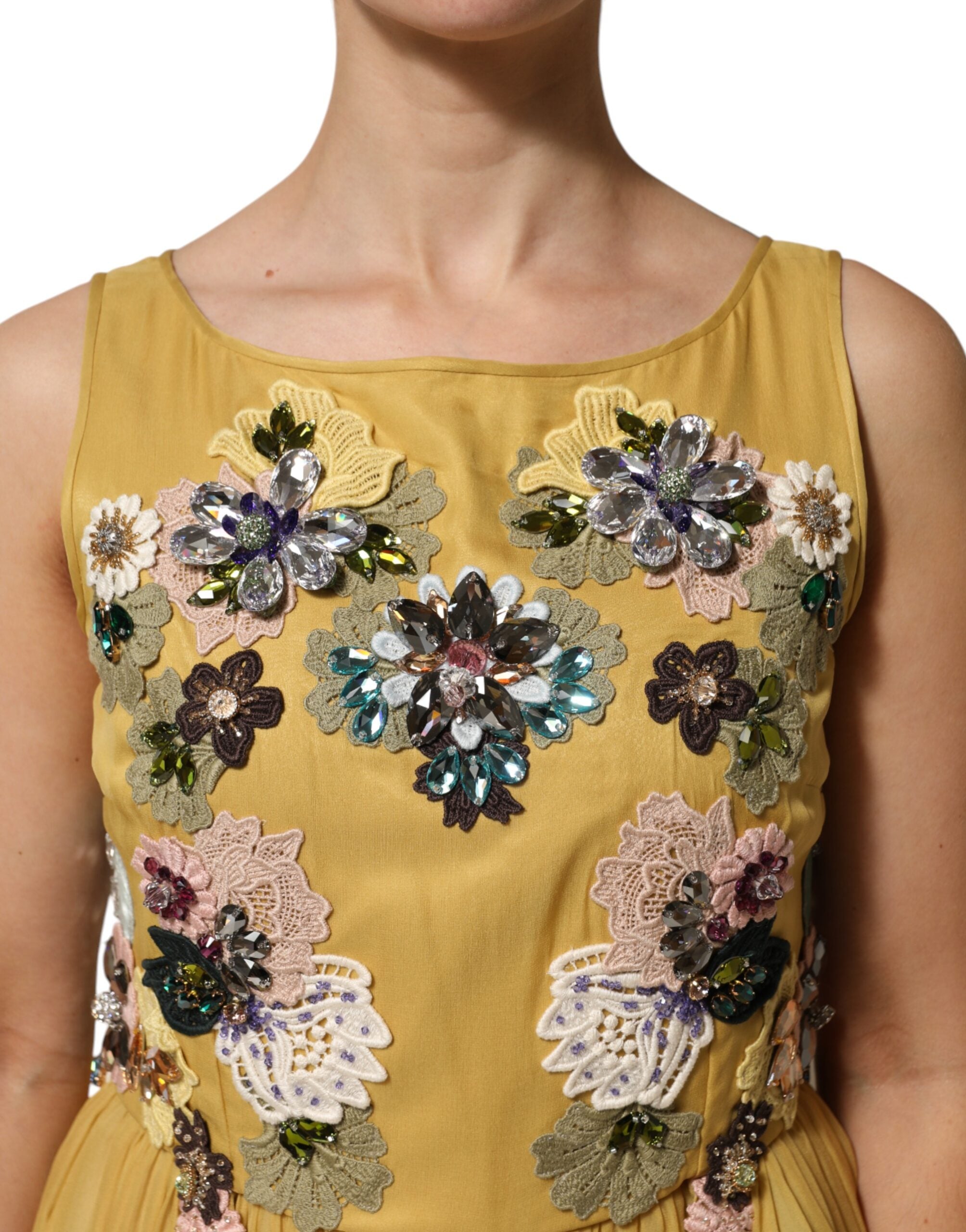 Dolce & Gabbana Yellow Silk Floral Embroidered Maxi Dress