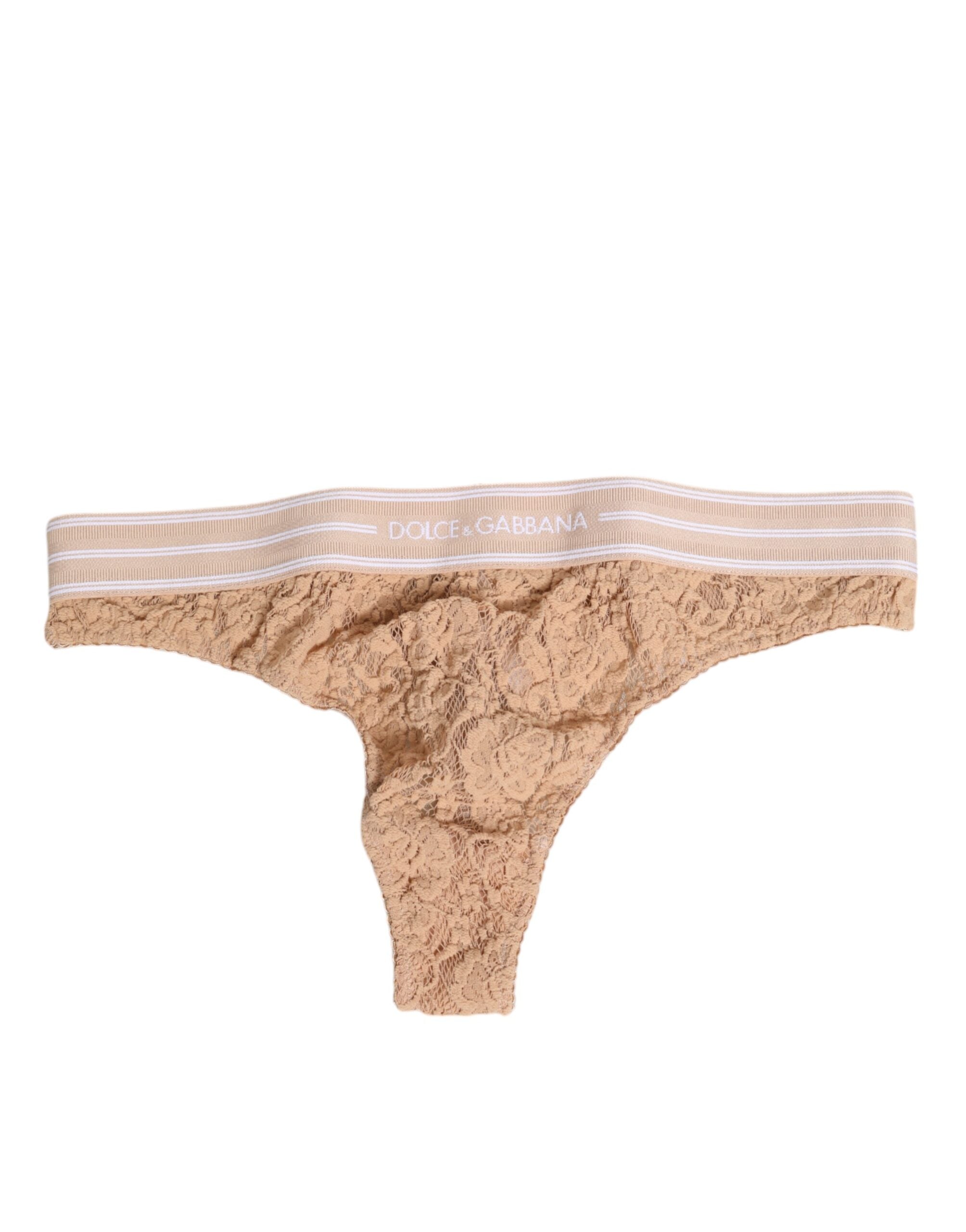 Dolce & Gabbana Beige Lace Logo Elastic Waist Thong Tanga Underwear
