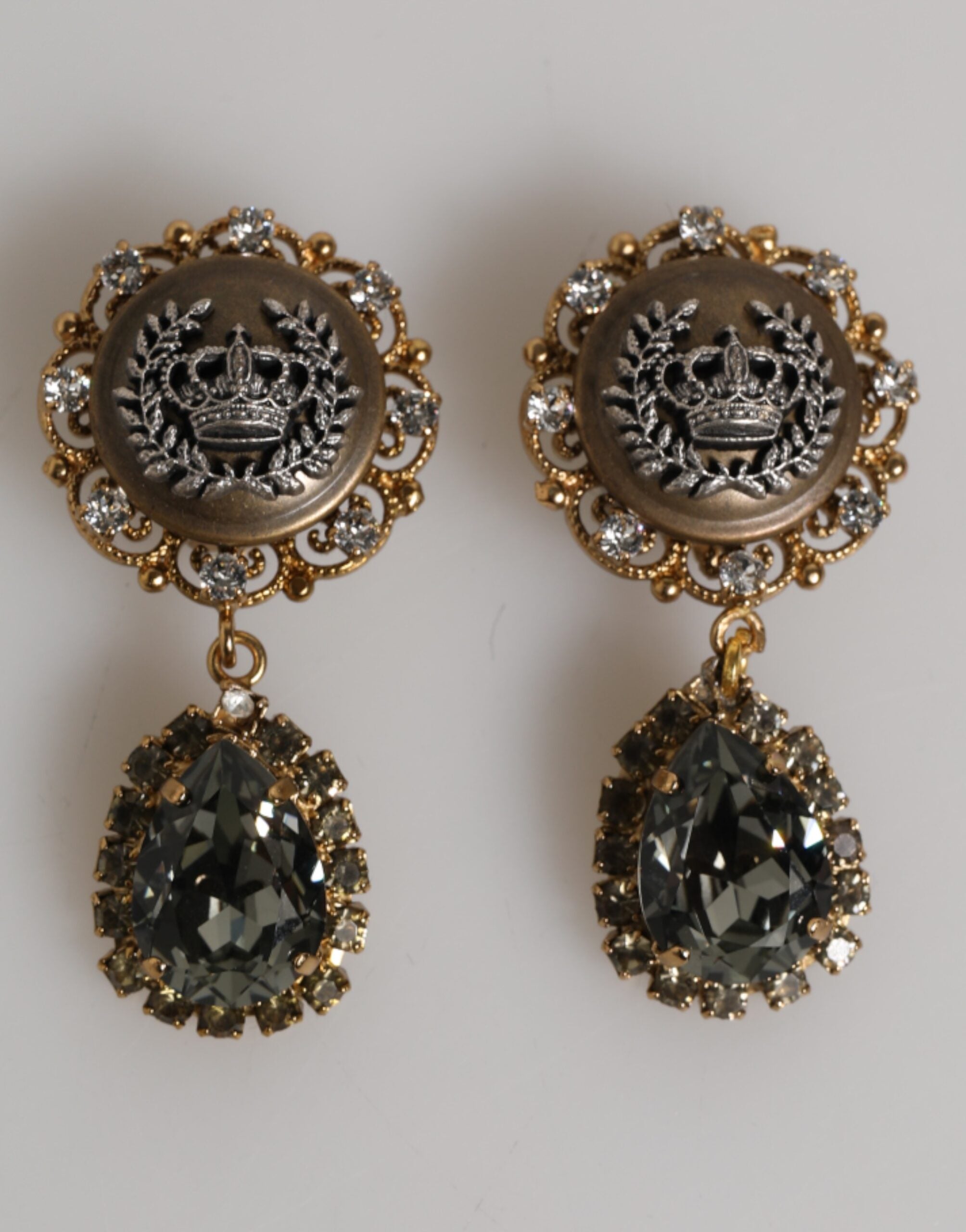 Dolce & Gabbana Gold Brass Crown Medallion Black Crystal Drop Clip On Earrings