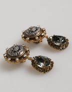 Dolce & Gabbana Gold Brass Crown Medallion Black Crystal Drop Clip On Earrings