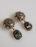 Dolce & Gabbana Gold Brass Crown Medallion Black Crystal Drop Clip On Earrings