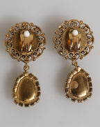 Dolce & Gabbana Gold Brass Crown Medallion Black Crystal Drop Clip On Earrings