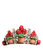 Dolce & Gabbana Red Floral Flowerpot Crystal Gold Crown Tiara Headband