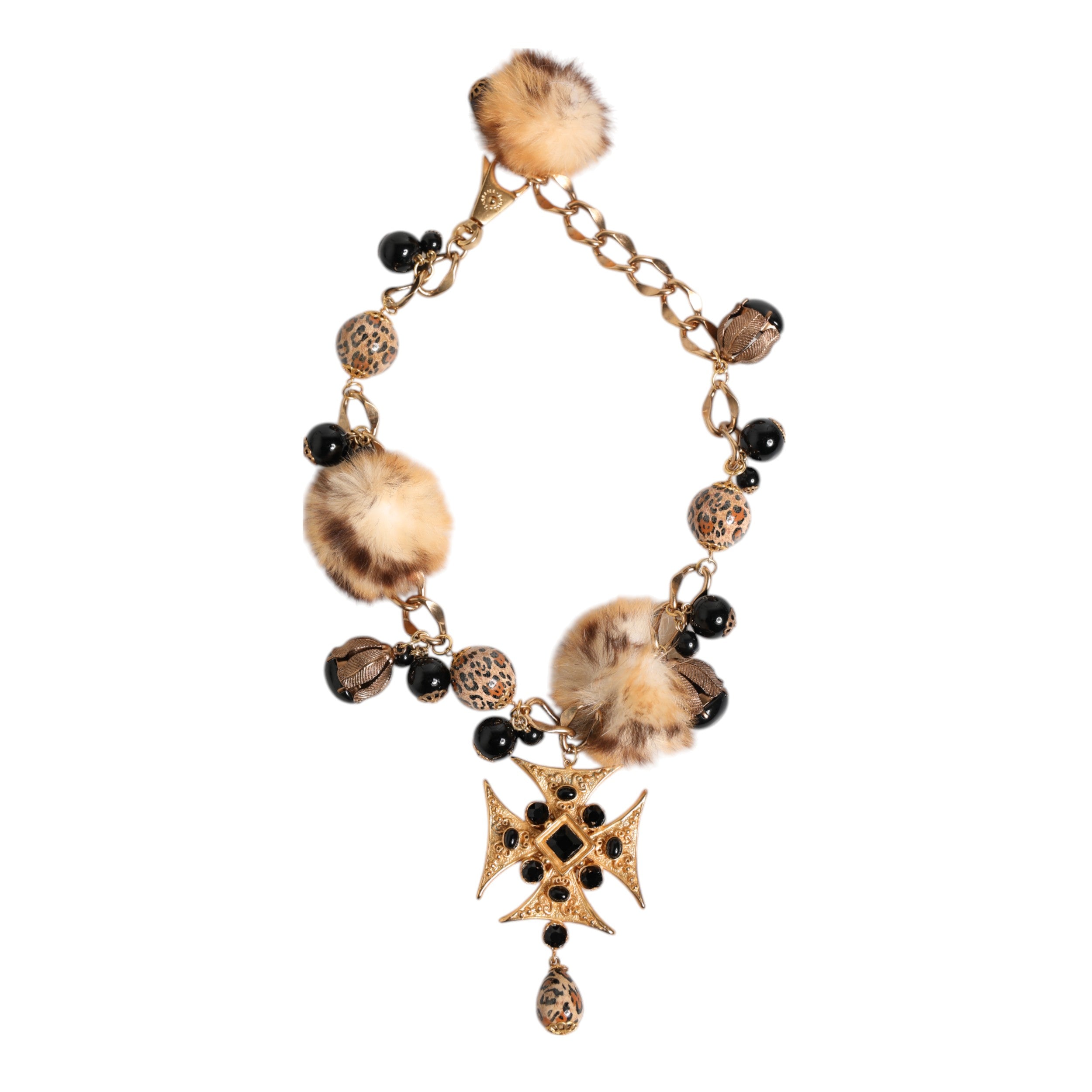 Dolce & Gabbana Gold Black Crystals Lapin Fur Filigree Choker Necklace