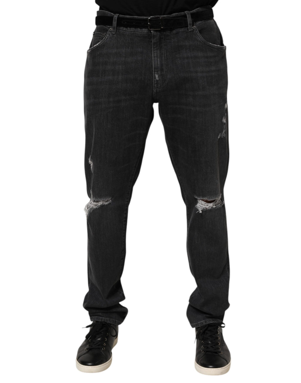 Dolce & Gabbana Black Cotton Slim Fit Distressed Ripped Logo Jeans