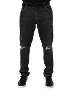 Dolce & Gabbana Black Cotton Slim Fit Distressed Ripped Logo Jeans