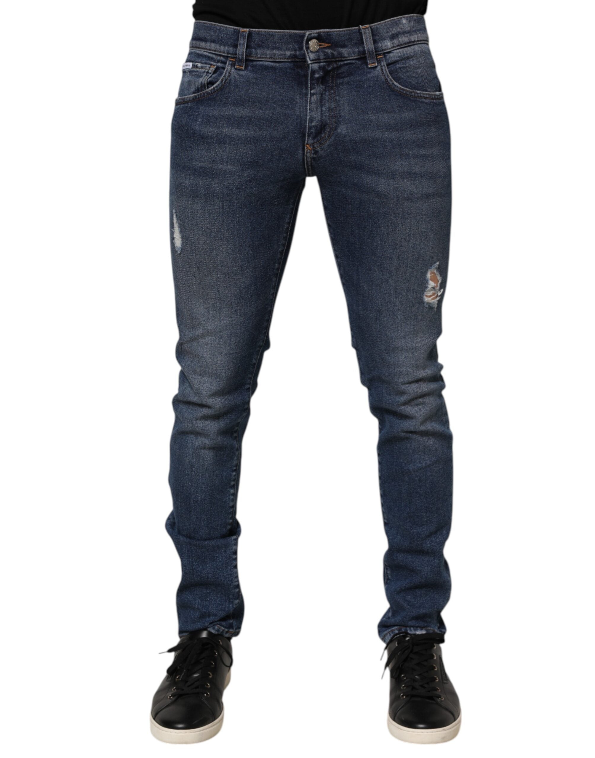 Dolce & Gabbana Blue Cotton Logo Plaque Skinny Men Denim Jeans