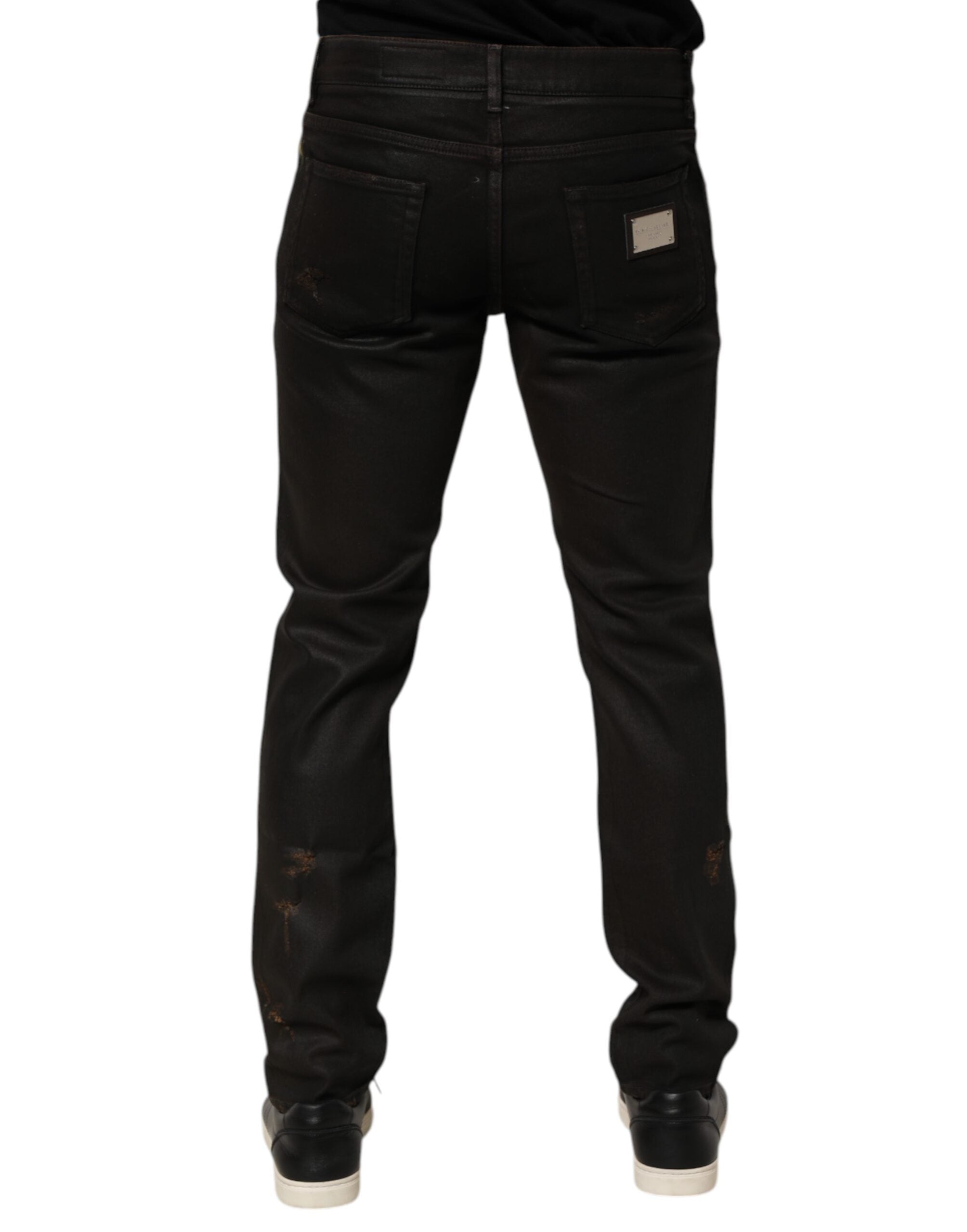 Dolce & Gabbana Dark Brown Tattered Cotton Skinny Denim Jeans