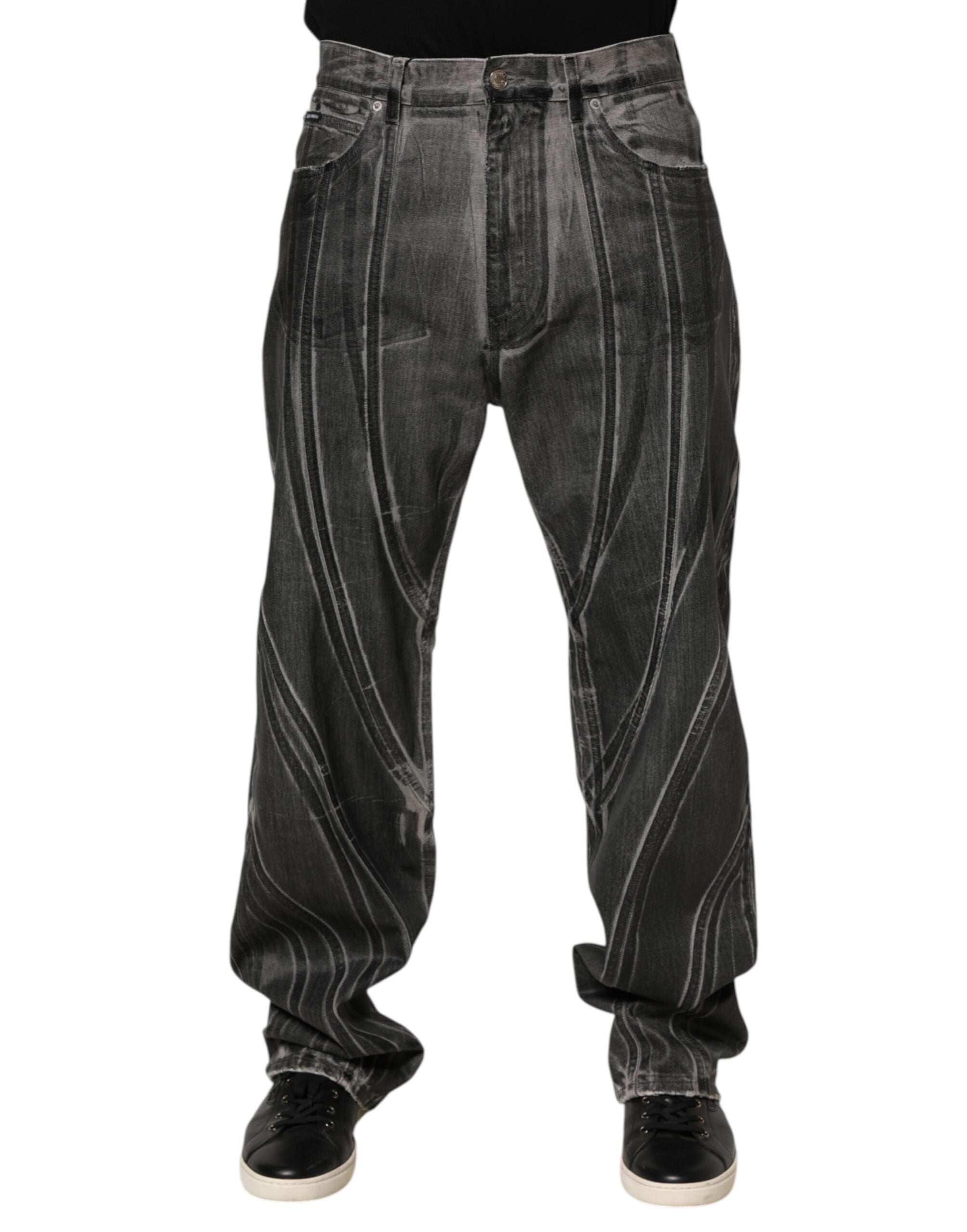 Dolce & Gabbana Black Grey Graphic Print Denim Pants Jeans