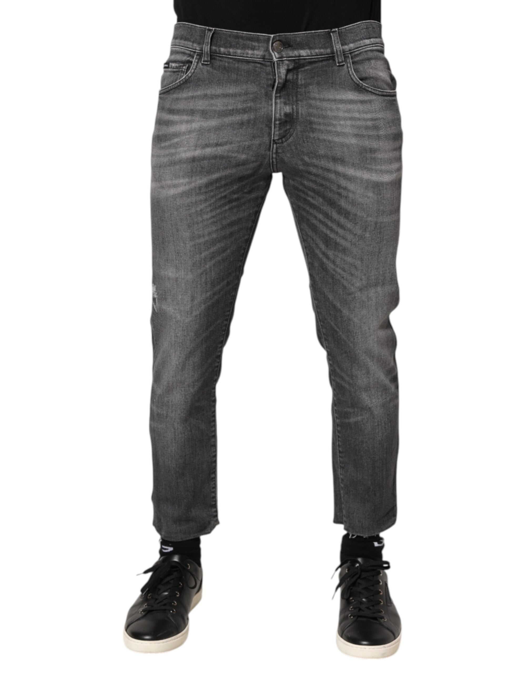 Dolce & Gabbana Grey Cotton Denim Slim Fit Distressed Pants Jeans