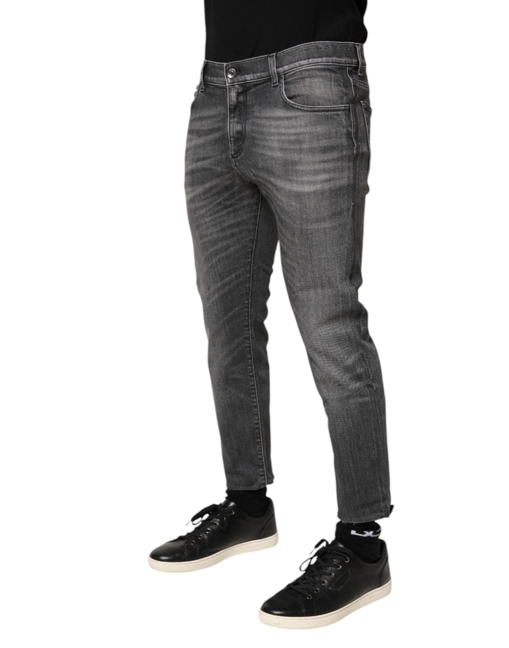 Dolce & Gabbana Grey Cotton Denim Slim Fit Distressed Pants Jeans