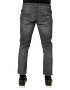 Dolce & Gabbana Grey Cotton Denim Slim Fit Distressed Pants Jeans