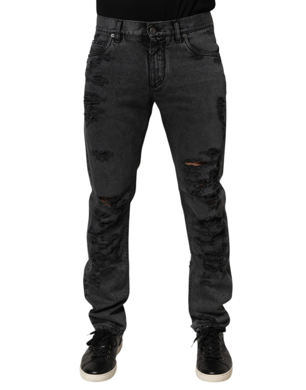 Dolce & Gabbana Black Tattered Skinny Cotton Men Denim Jeans
