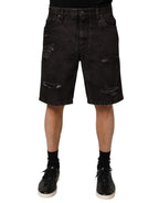Dolce & Gabbana Black Cotton Tattered Denim Men Bermuda Short