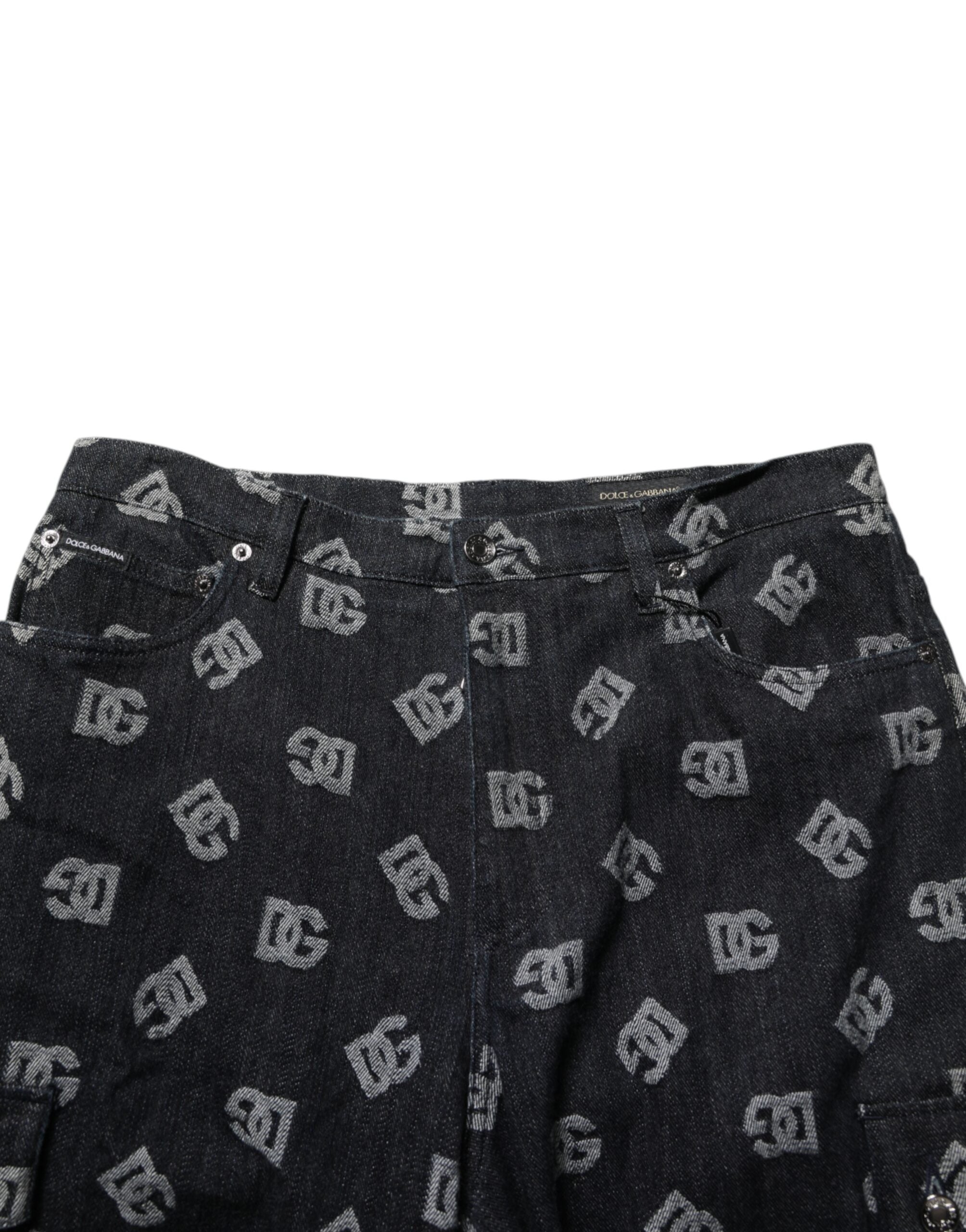 Dolce & Gabbana Black Monogram Denim Cargo Men Bermuda Short