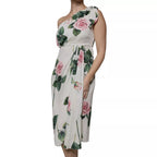 Dolce & Gabbana White Floral Silk One Shoulder Midi Dress
