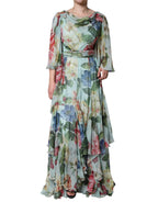 Dolce & Gabbana Blue Floral Print Tiered Long Maxi Dress