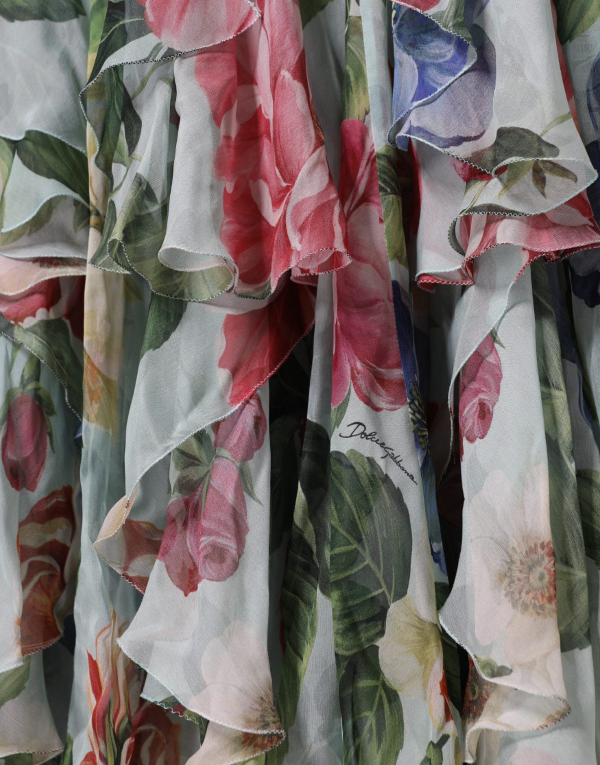 Dolce & Gabbana Blue Floral Print Tiered Long Maxi Dress