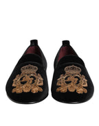 Dolce & Gabbana Black Velvet Gold Crown Mens Loafers Shoes
