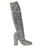 Dolce & Gabbana Silver Sequins Glitter High Heel Boot Shoes