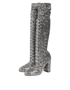Dolce & Gabbana Silver Sequins Glitter High Heel Boot Shoes