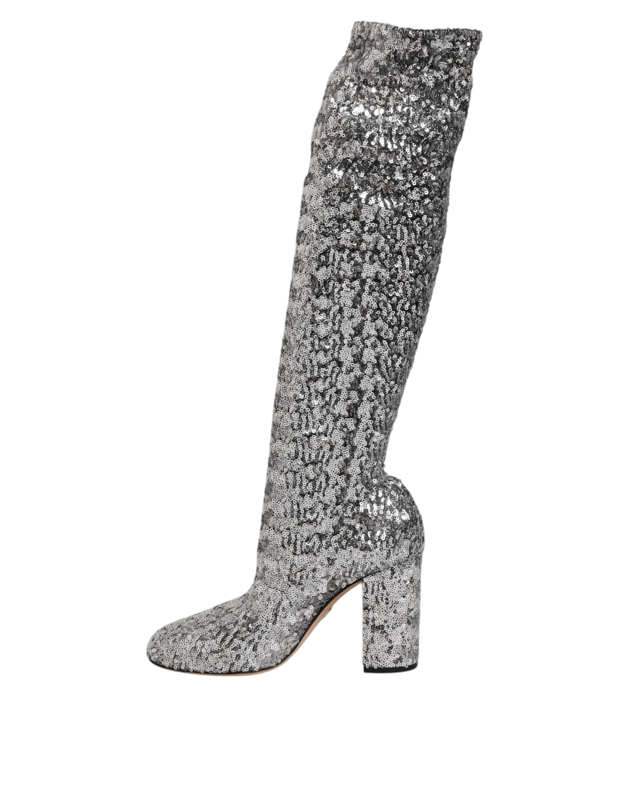 Dolce & Gabbana Silver Sequins Glitter High Heel Boot Shoes