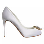 Dolce & Gabbana White Crystals Peep Toe Satin Pumps Shoes