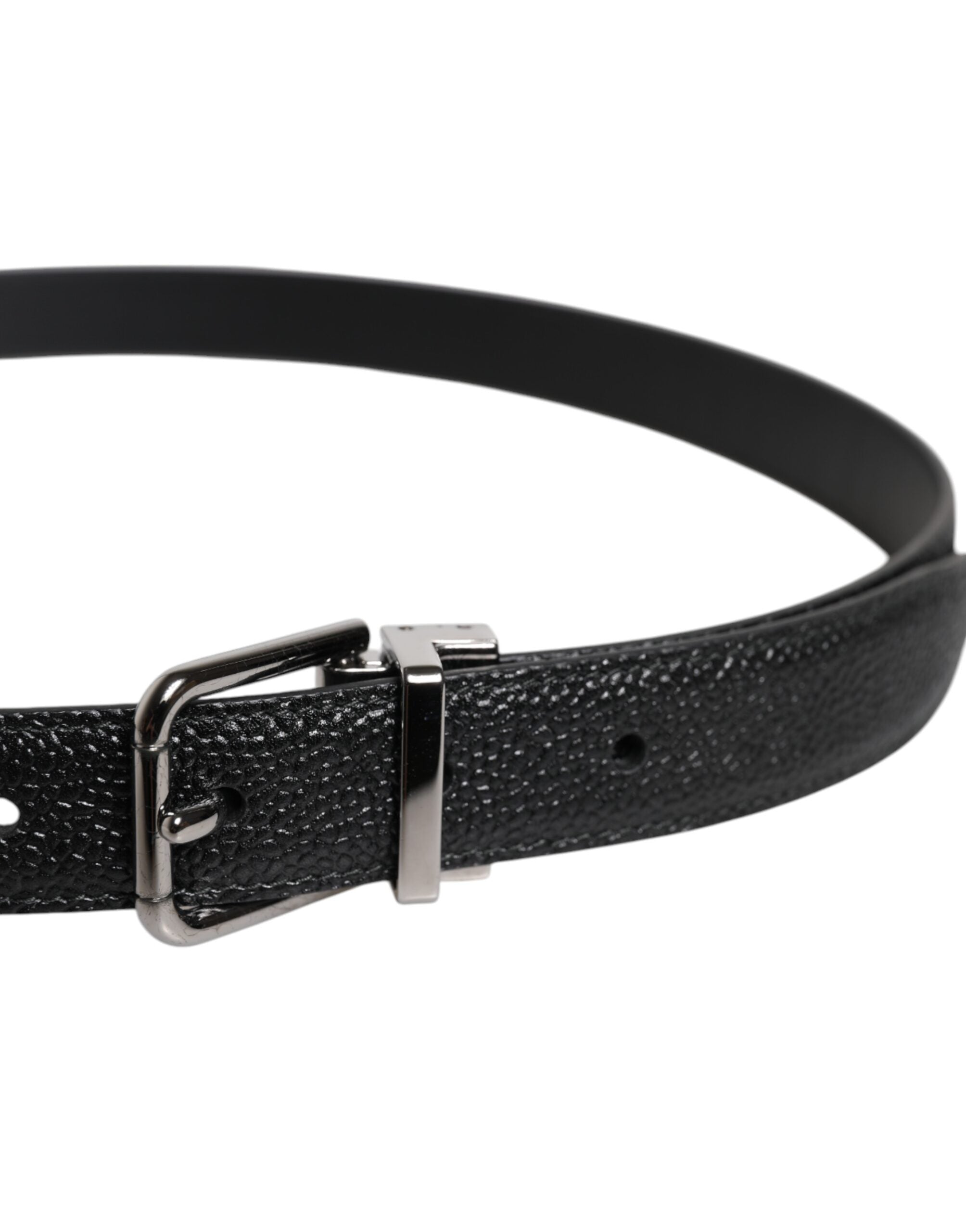Dolce & Gabbana Black Textured Leather Silver Metal Buckle Men Belt