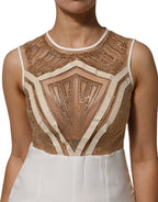 Mangano White Beige Mesh Crystal Embellished Sleeveless Jumpsuit