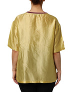Dolce & Gabbana Yellow Silk Satin Floral Lace Short Sleeves Top