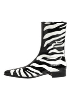 Dolce & Gabbana Black White Zebra Leather Mid Calf Boots Shoes