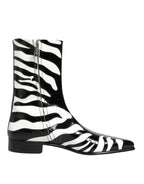 Dolce & Gabbana Black White Zebra Leather Mid Calf Boots Shoes