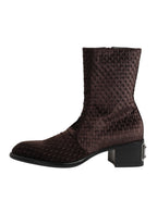 Dolce & Gabbana Brown Cotton Velvet Mid Calf Short Boots Shoes