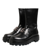 Dolce & Gabbana Black Logo Plaque Mid Calf Biker Boots Shoes