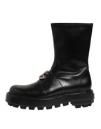 Dolce & Gabbana Black Logo Plaque Mid Calf Biker Boots Shoes