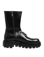 Dolce & Gabbana Black Logo Plaque Mid Calf Biker Boots Shoes