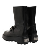 Dolce & Gabbana Black Logo Plaque Mid Calf Biker Boots Shoes