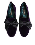 Dolce & Gabbana Purple Suede Cotton Bow Slip On Loafers Shoes
