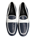 Dolce & Gabbana White Blue Leather Slip On Loafers Men Formal Shoes