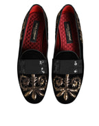 Dolce & Gabbana Black Velvet Embroidery Formal Loafers Shoes