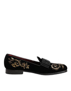 Dolce & Gabbana Black Velvet Embroidery Formal Loafers Shoes