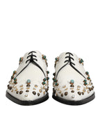 Dolce & Gabbana White Leather Crystals Embellished Derby Shoes