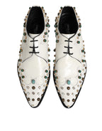 Dolce & Gabbana White Leather Crystals Embellished Derby Shoes