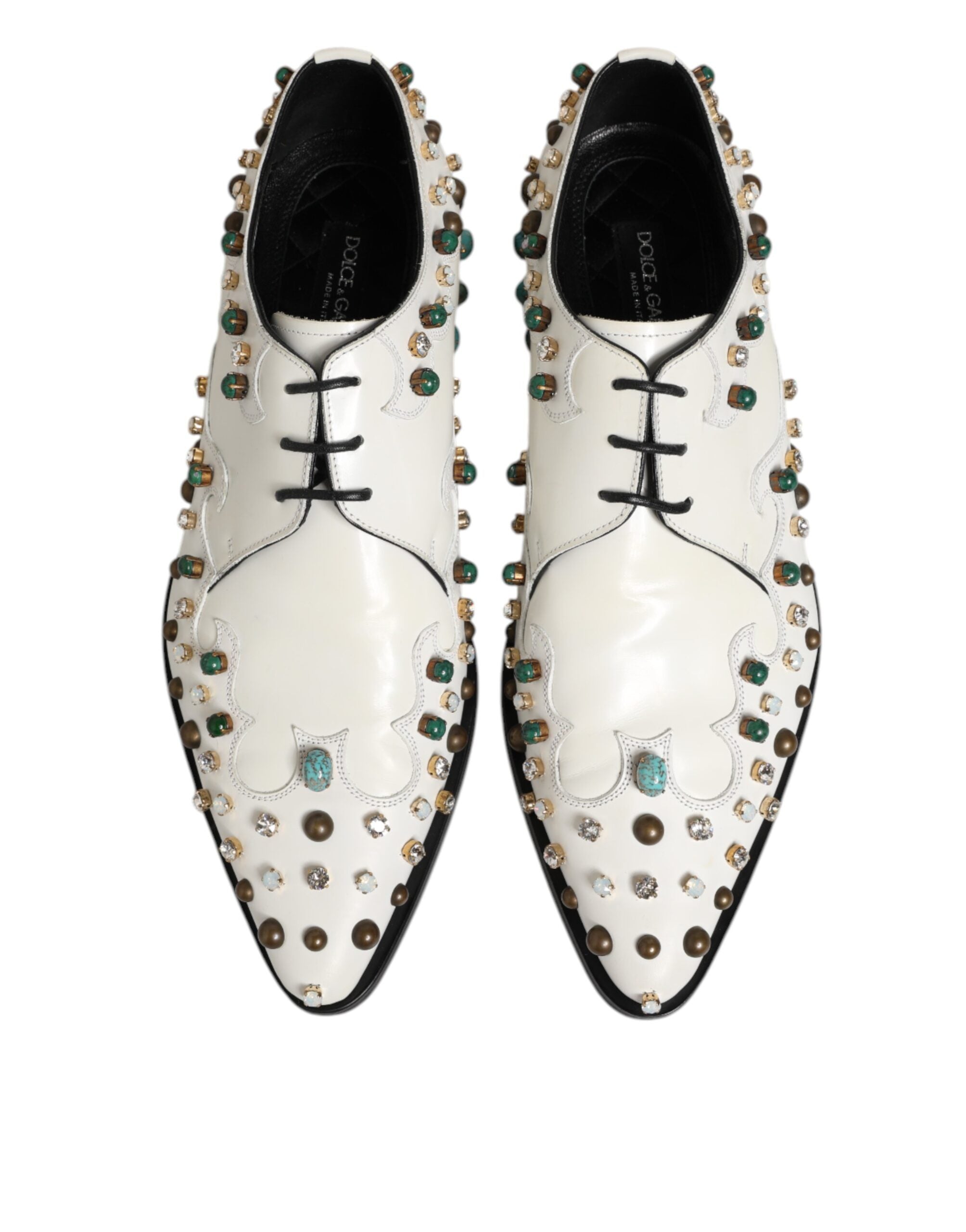 Dolce & Gabbana White Leather Crystals Embellished Derby Shoes