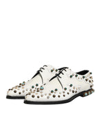 Dolce & Gabbana White Leather Crystals Embellished Derby Shoes